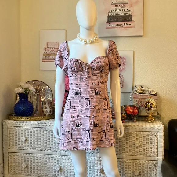 Realisation Par Venus newspaper silk mini dress in pink and black color Size Med